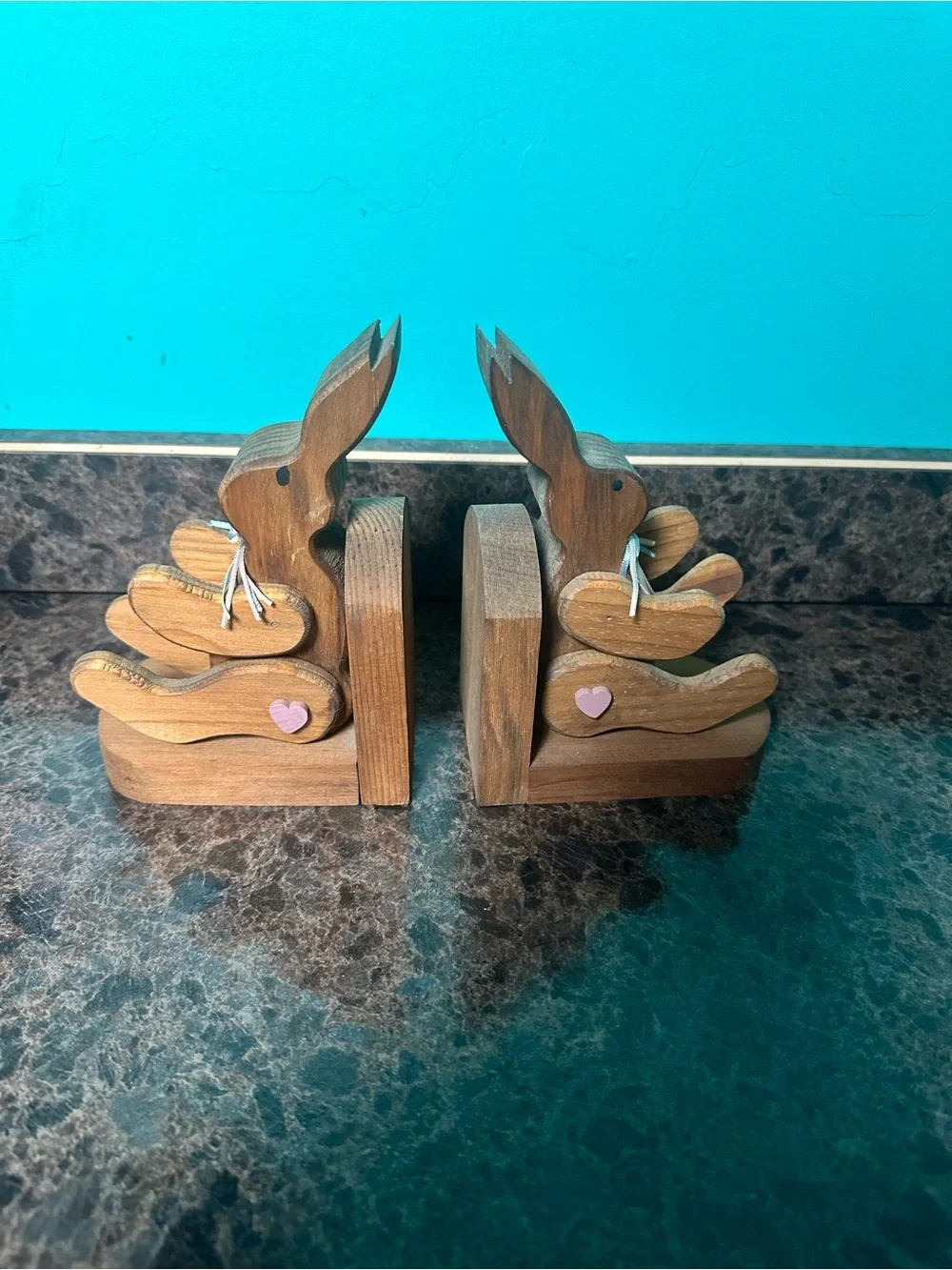 Wooden Bunny Bookends in Natural Wood - Home Wall Decor